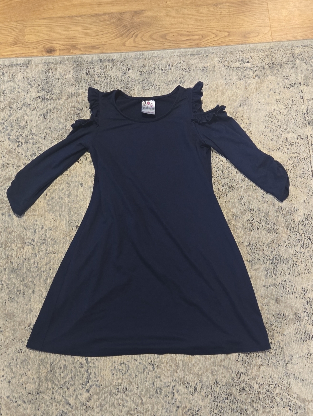 Girls Navy Cold-Shoulder Ruffle Sleeve Dress